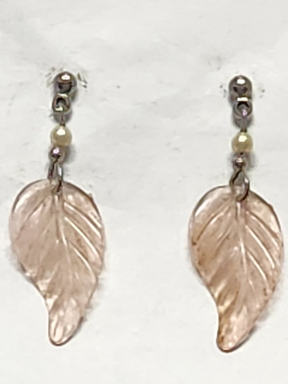 Blush Pink Leaf Dangle Earrings with Faux Pearl Accent